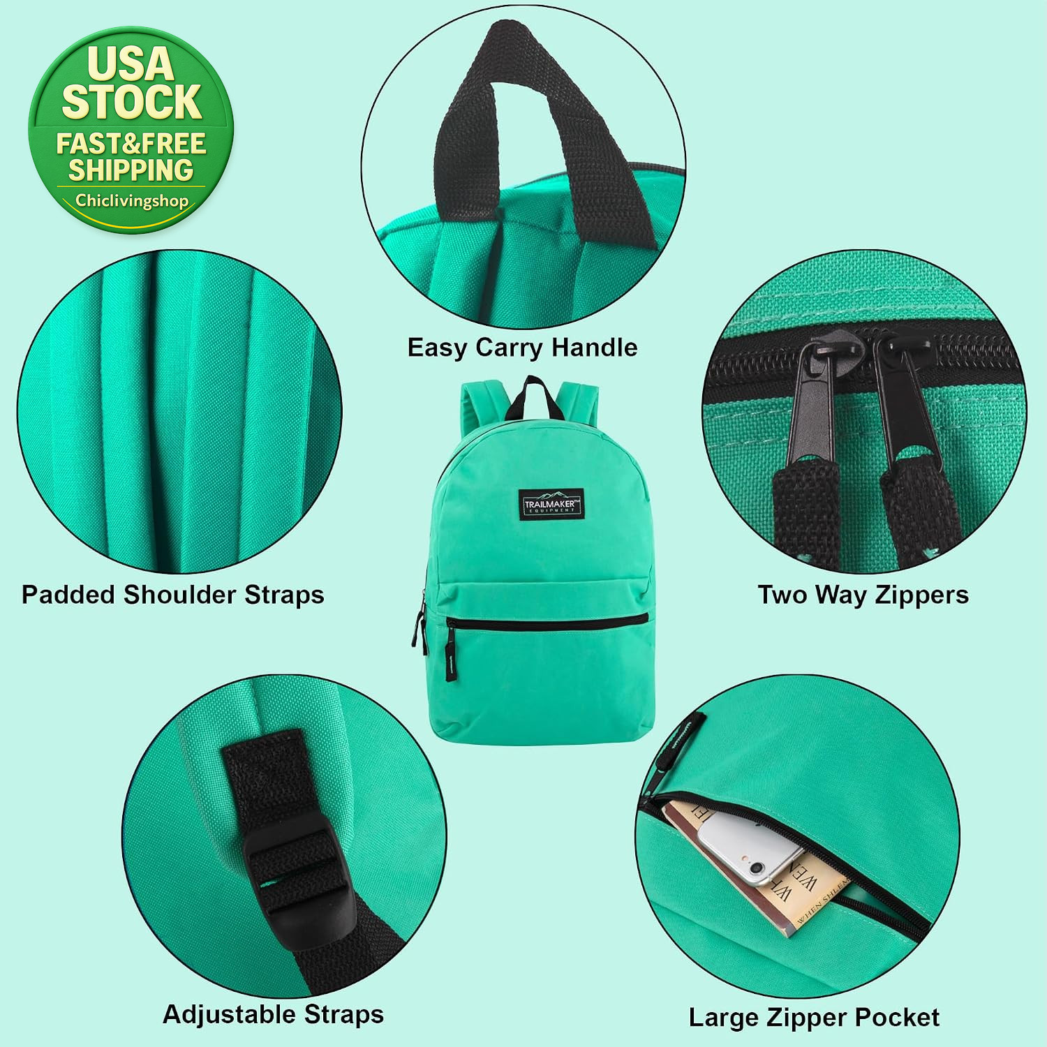Classic 17 Inch School Backpack Rucksack Travel Bag Aqua Color