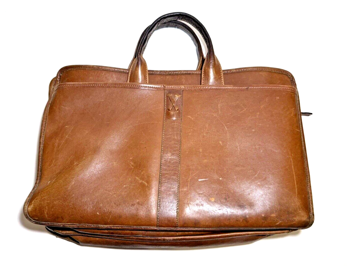 Jack Georges Brown Leather Briefcase Handles Zippers Many Pockets 16-1/2″ x 11″