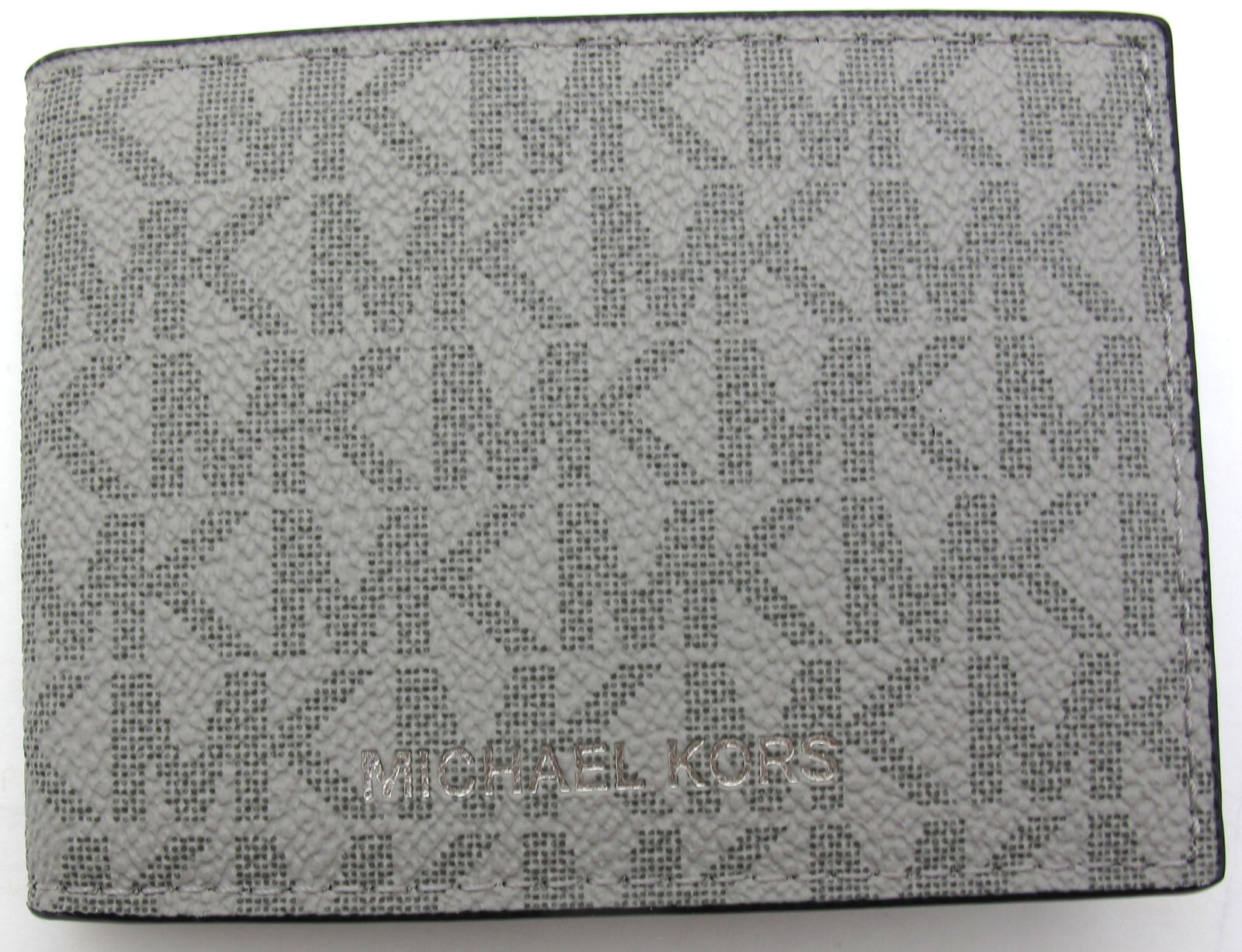 NEW MICHAEL KORS Mens Bi-Fold Pass Case Wallet Coated Canvas Monogram Print Grey