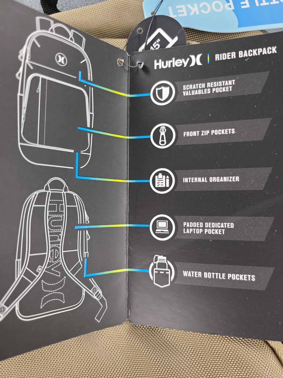 Hurley Rider Backpack in a khaki Padded Laptop Pocket 15″ Internal Organizer