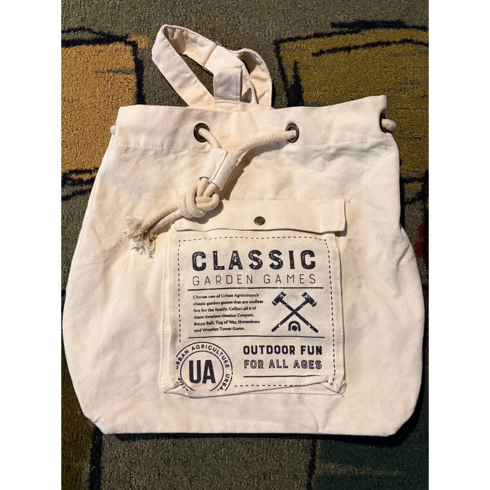 Vintage Croquet Canvas Drawstring Backpack Cream Tote Bag