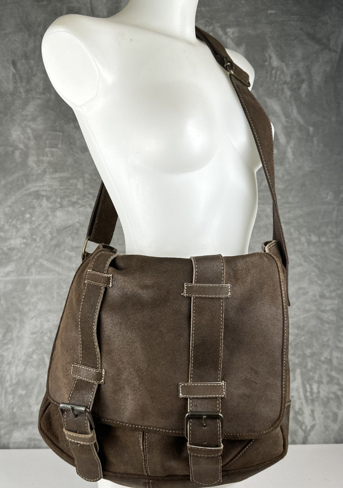 Claire Chase Sorrento Brown Leather Messenger Bag Saddle Suede Laptop Professor