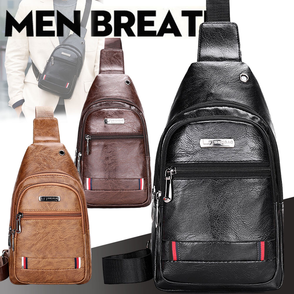 Men Leather Shoulder Crossbody Chest Sling Backpacks Outdoor Daypack Fanny Packs