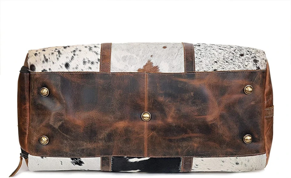 CLA Cowhide & Leather Travel Bag, Hair on Leather Duffel Bag for Men, Leather Du