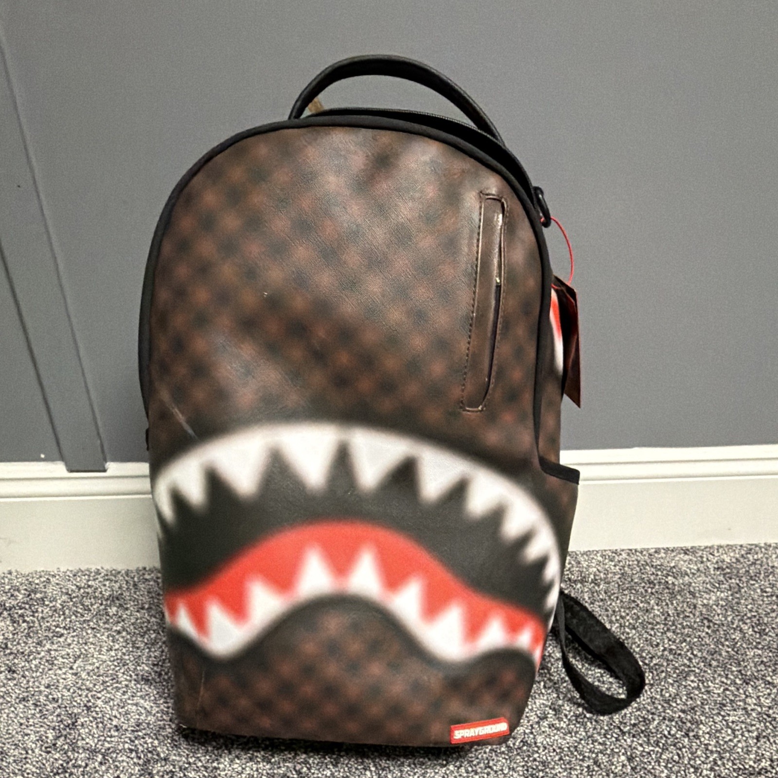 Sprayground Shark Mouth Checkered Backpack Zip Closure Red Interior, Pockets