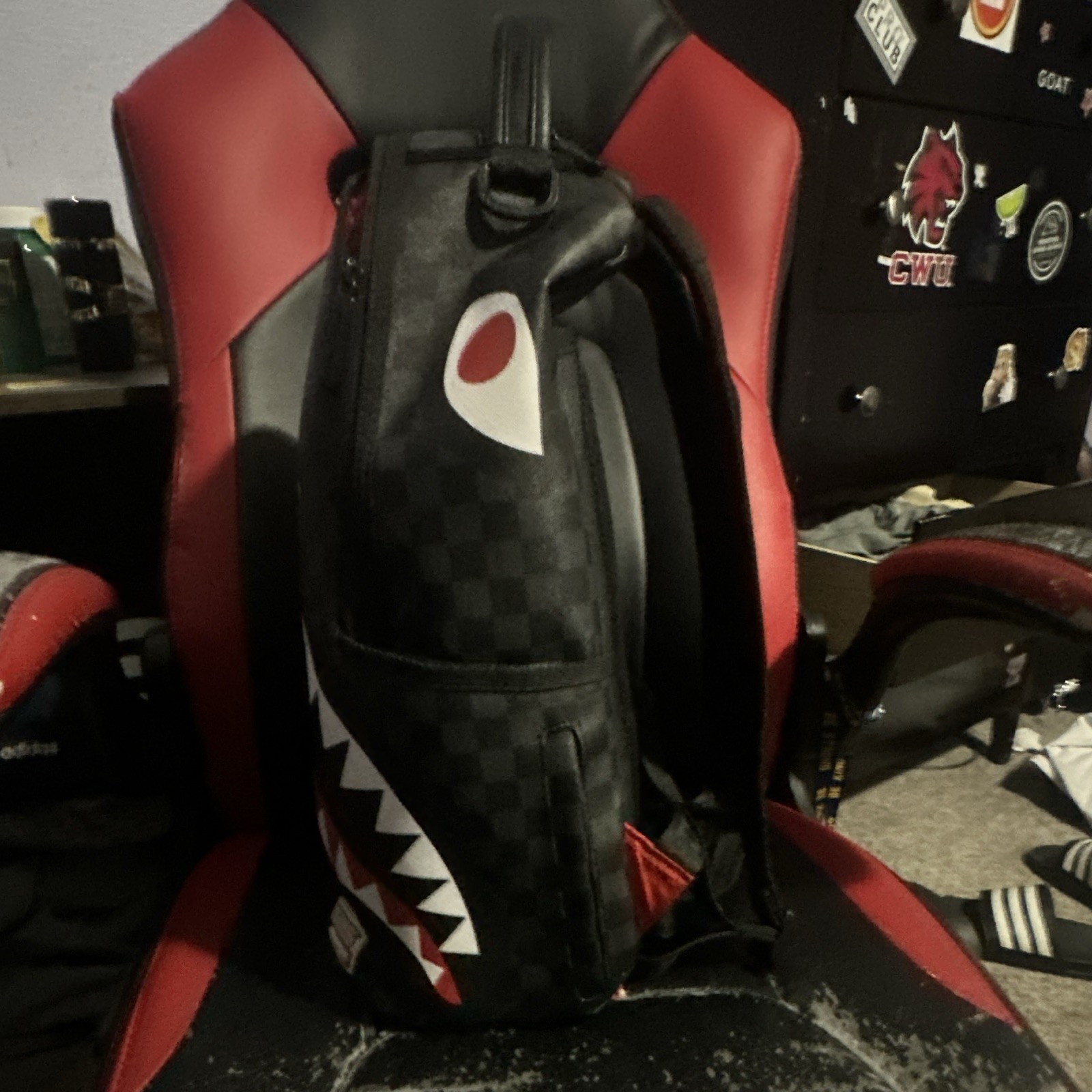 Sprayground Peanuts Snoopy Shark Backpack Black Checkered Red Interior