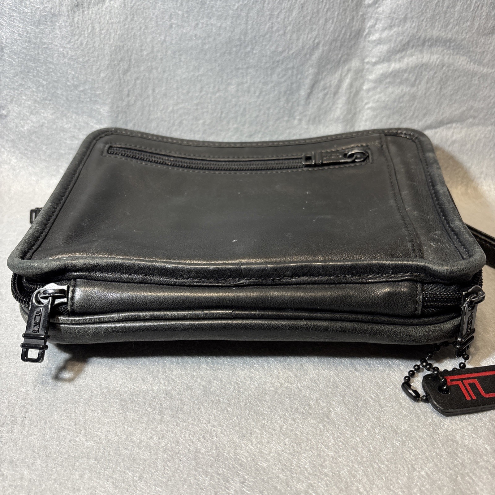 TUMI Second Bag Clutch Bag Leather Black Multi Pocket Japan W/ Charm Authentic