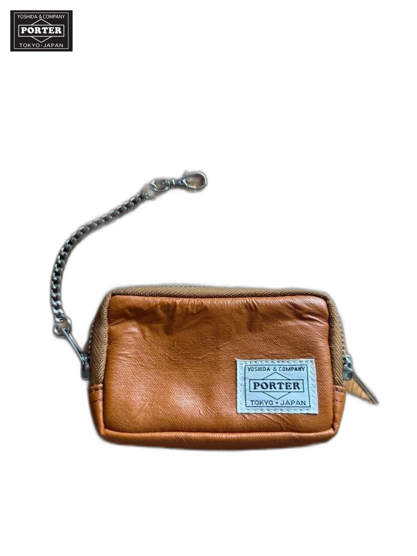 PORTER Leather Pouch, Camel, Double Zipper popular