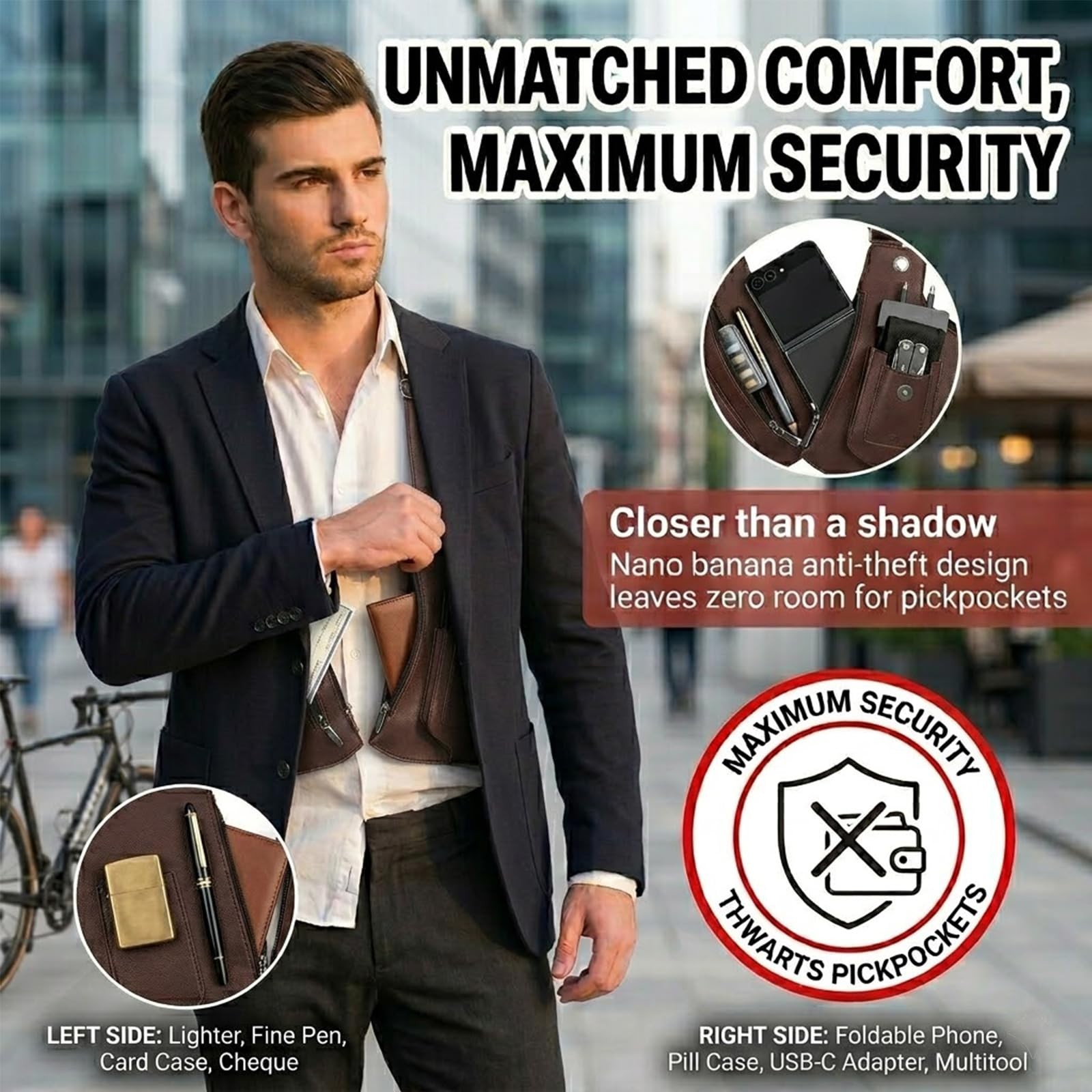 TXVGQMA 1 PC Men Anti Theft Hidden Underarm Shoulder Bag, 26x16x28cm, Brown