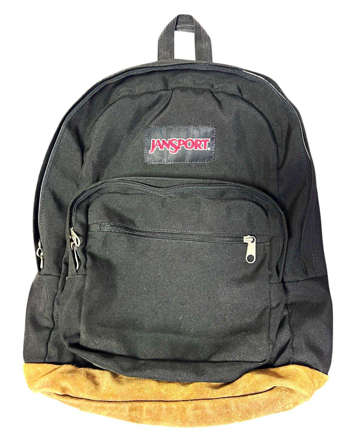 Classic JanSport Originals Black Backpack Schoolbag Brown Suede Leather Bottom