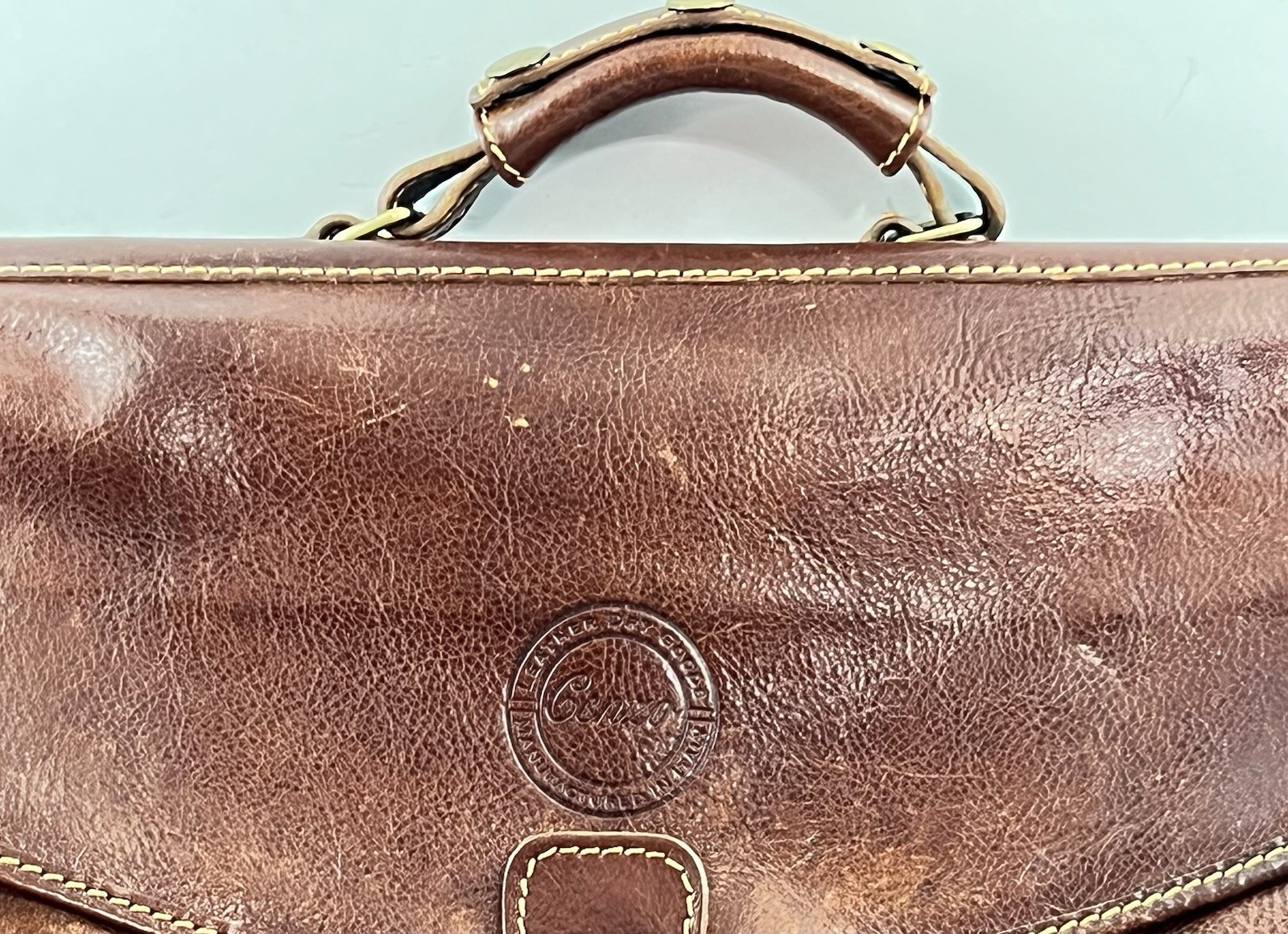 Cenzo Leather Briefcase Messenger Bag Floto Italian Calfskin Brass Hardware