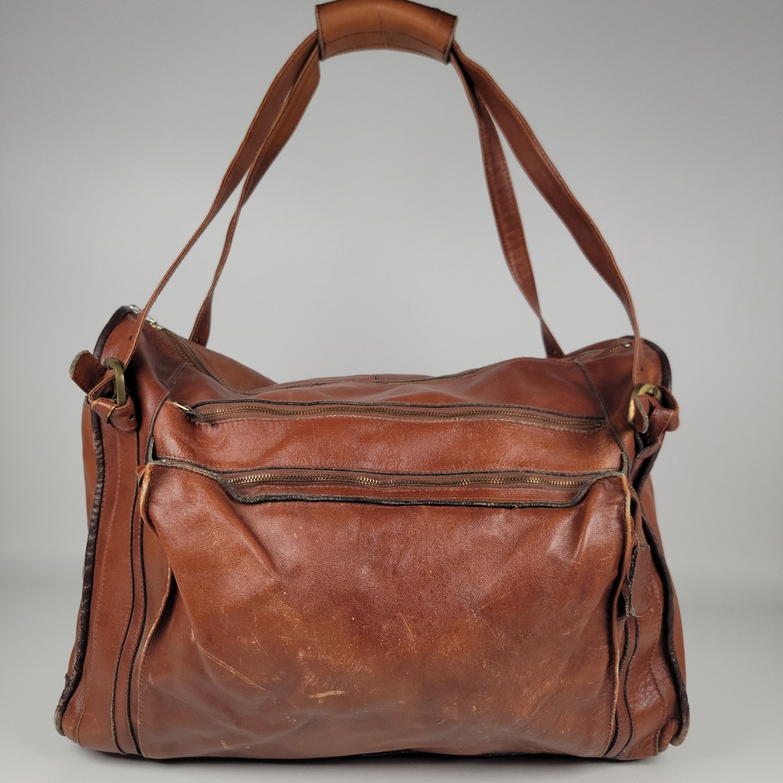 Vintage Duffel Bag Genuine Leather Colombia Brown Tote Sack 16 Inch