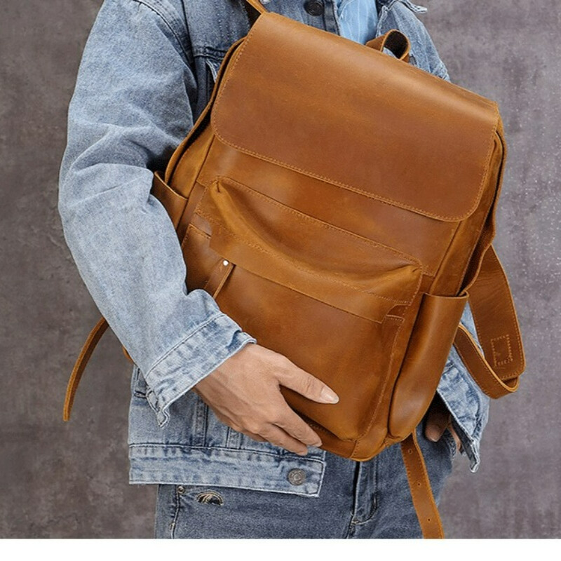 Men’s Leather Retro Large Capacity Backpack Casual Travel Bag Computer Bag