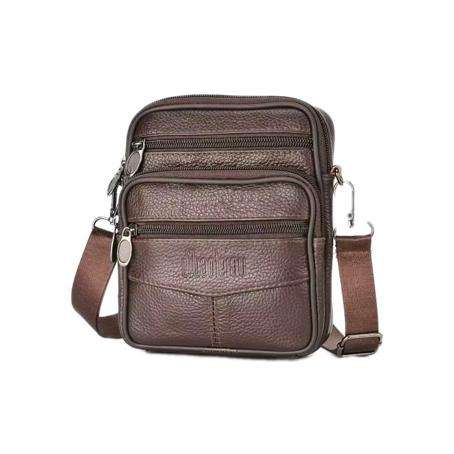 Men’s Genuine Leather Crossbody Small Travel Shoulder Multi Pocket Bag (Brown)