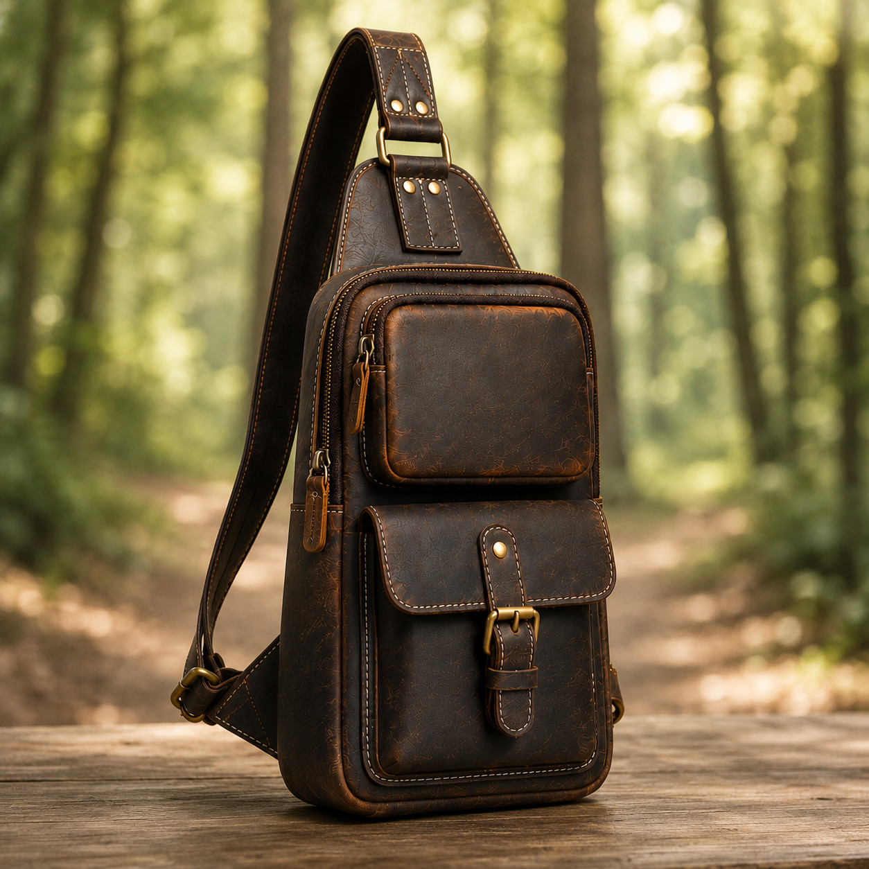 Mens Genuine Leather Chest Backpack Custom Engraved Vintage Crossbody Pack