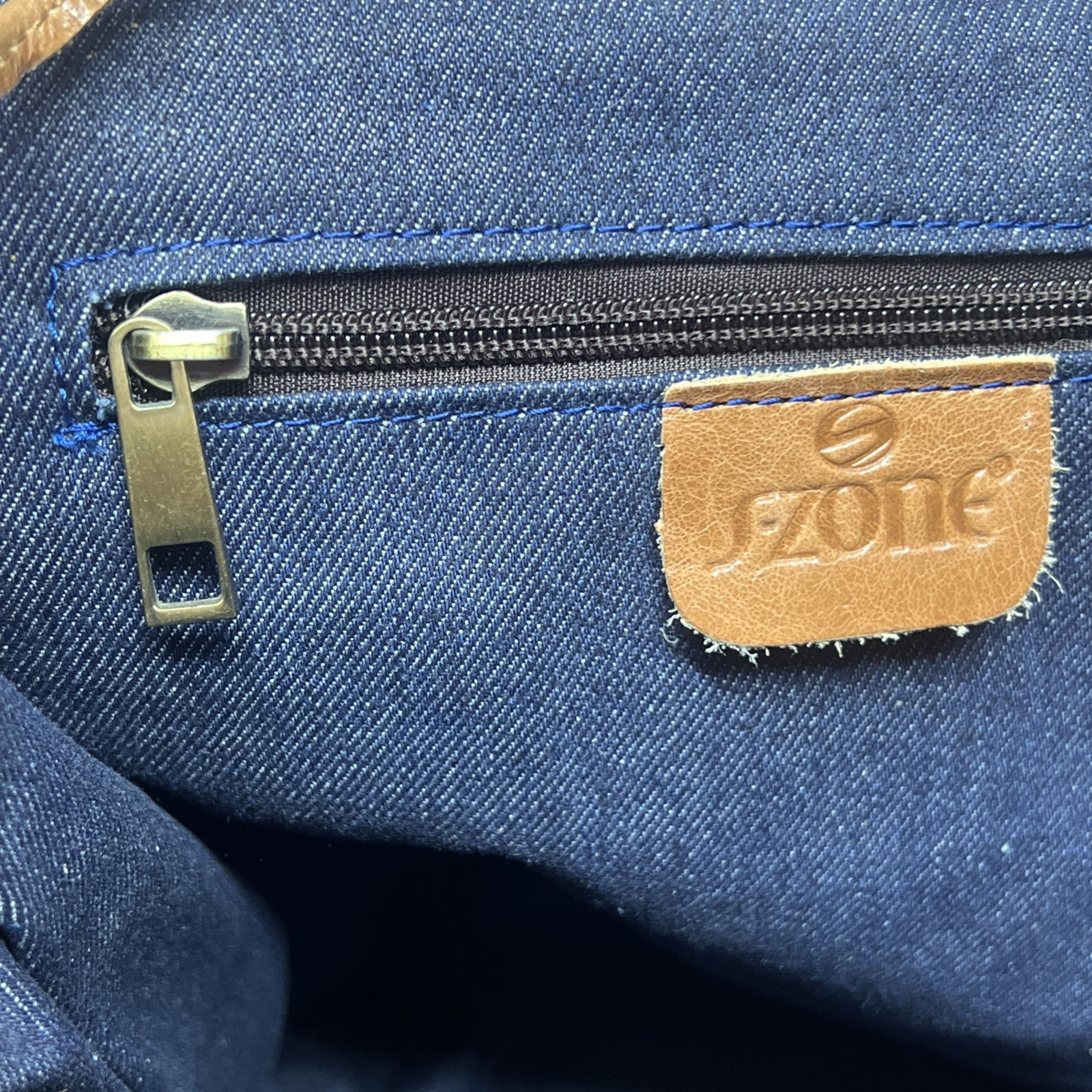 S -Zone Brown Soft Leather Backpack Denim Lining Drawstring Snap Pockets Large