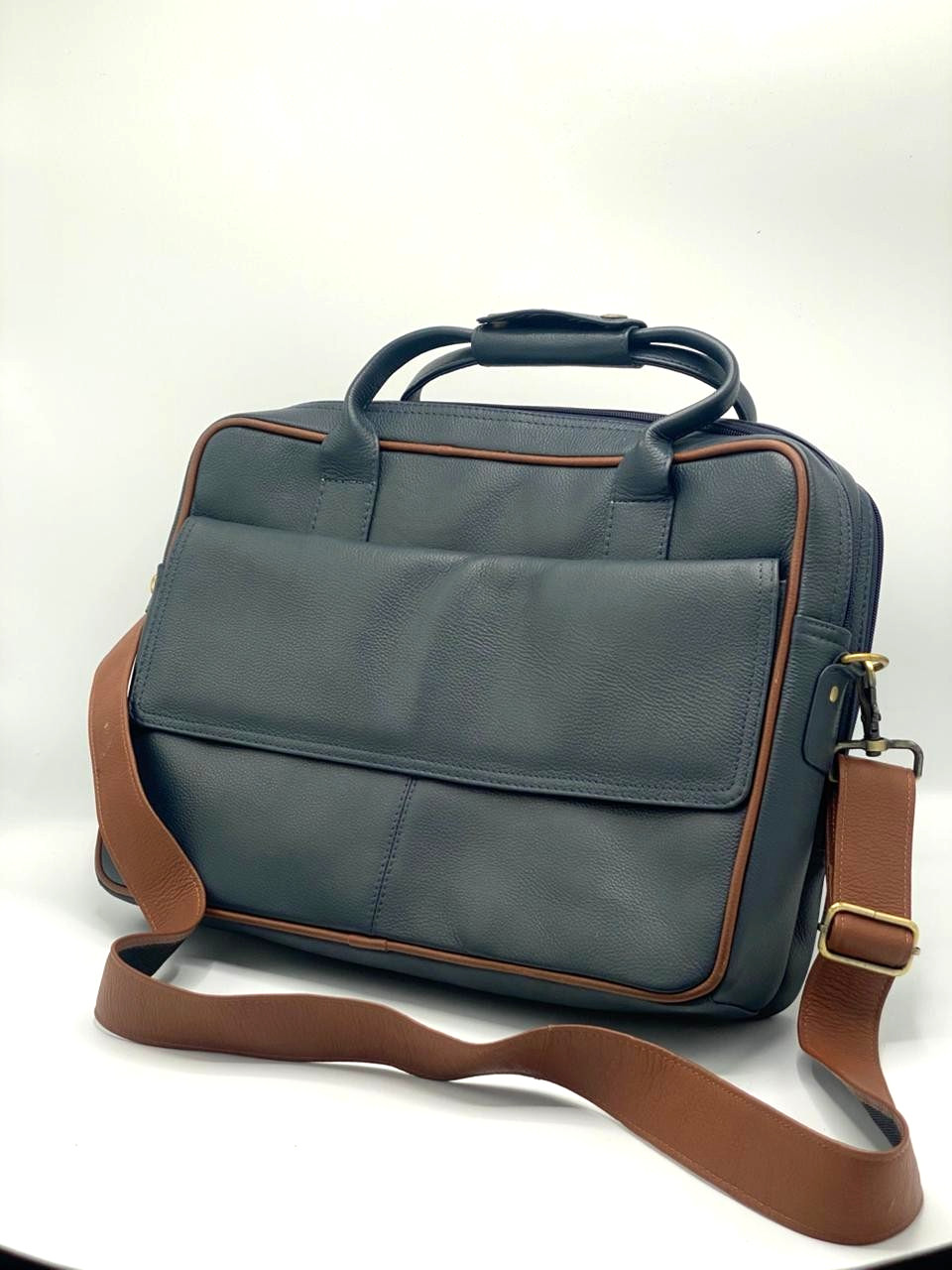 Handmade Full Grain Navy Blue Genuine Leather Laptop Hand Bag with Strap For Men