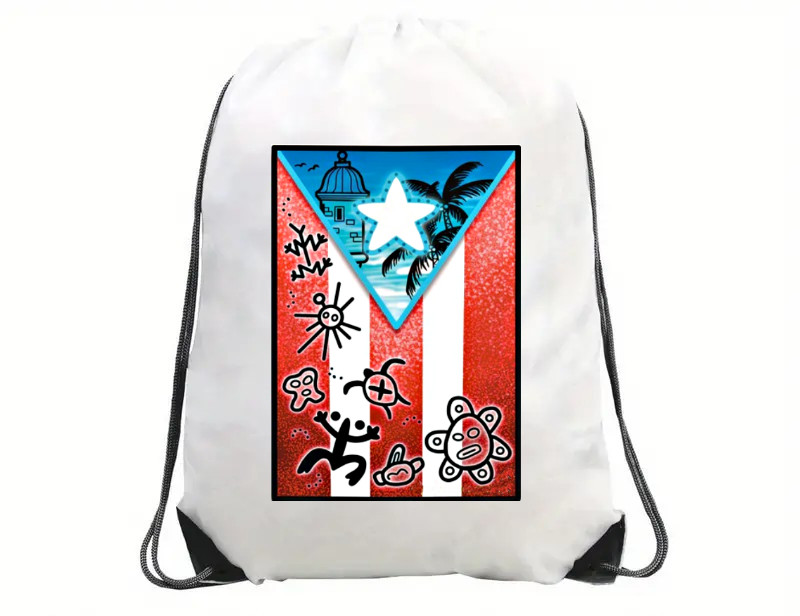 Puerto Rico Flag & Taino Drawstring Shoe Bag Swoosh Travel Gym , Beach or Pool