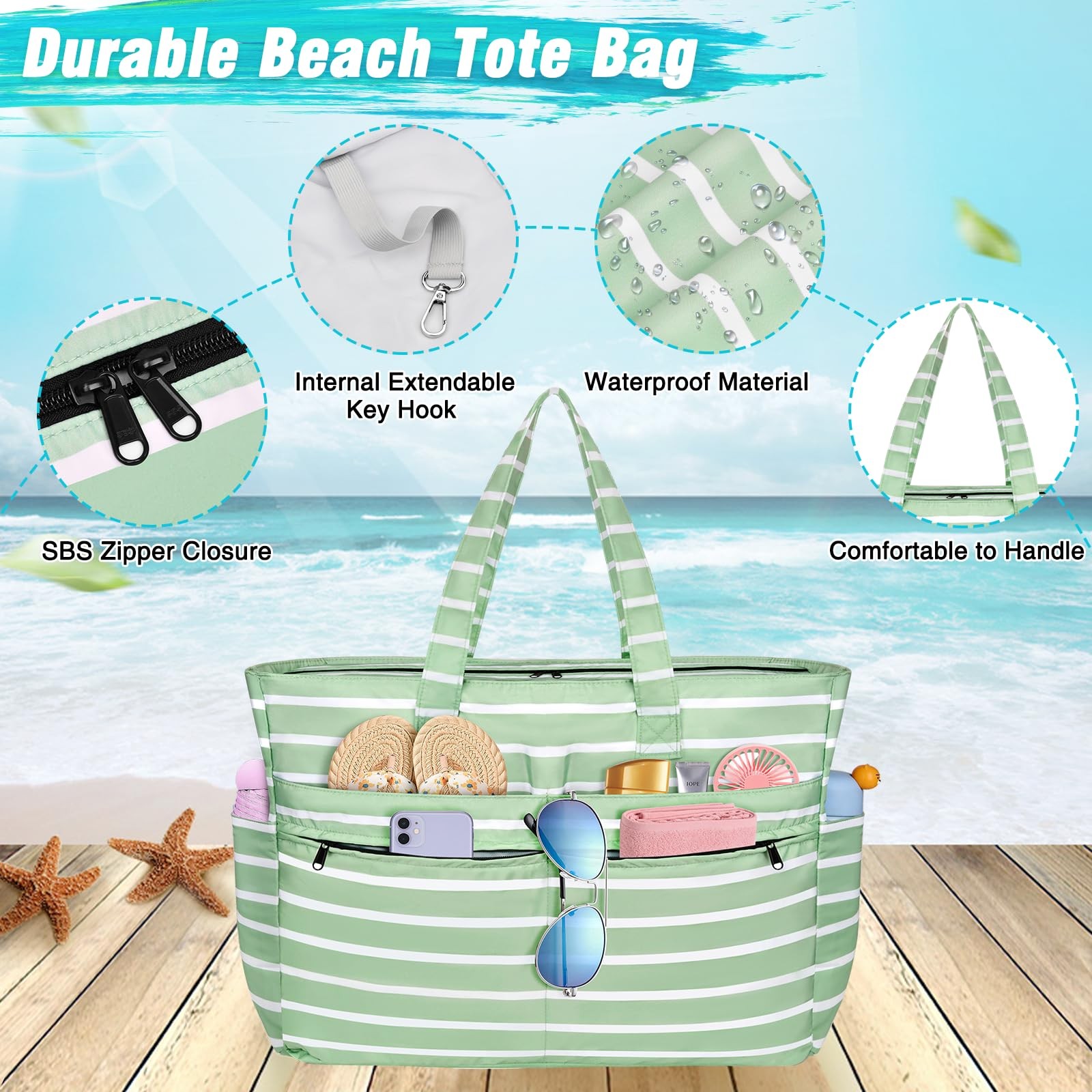 HUANLANG Extra Large Beach Bag Waterproof One Size, Light Green and White