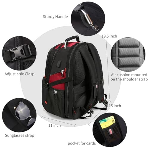 50L Travel Laptop Backpack Red Fits 17 Inch Laptops Lock