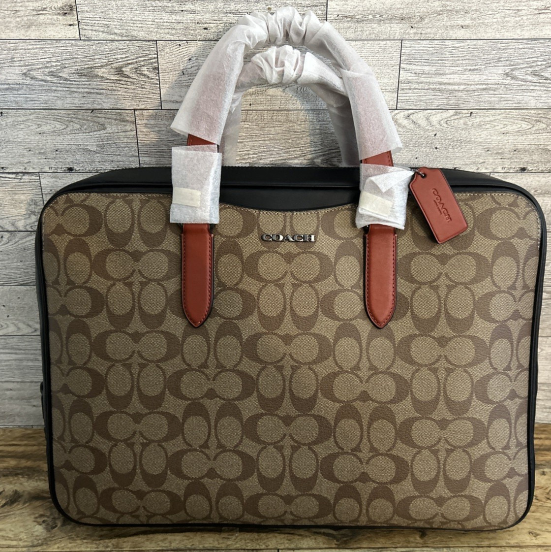 Coach Graham Slim Brief Signature Canvas beige, black, and terracotta NWT