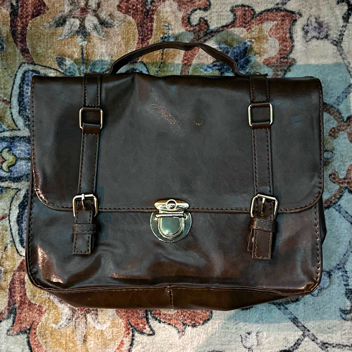 Brown Men’s Messenger Bag Top Handle Buckle Turn Lock Adjustable Strap Pockets