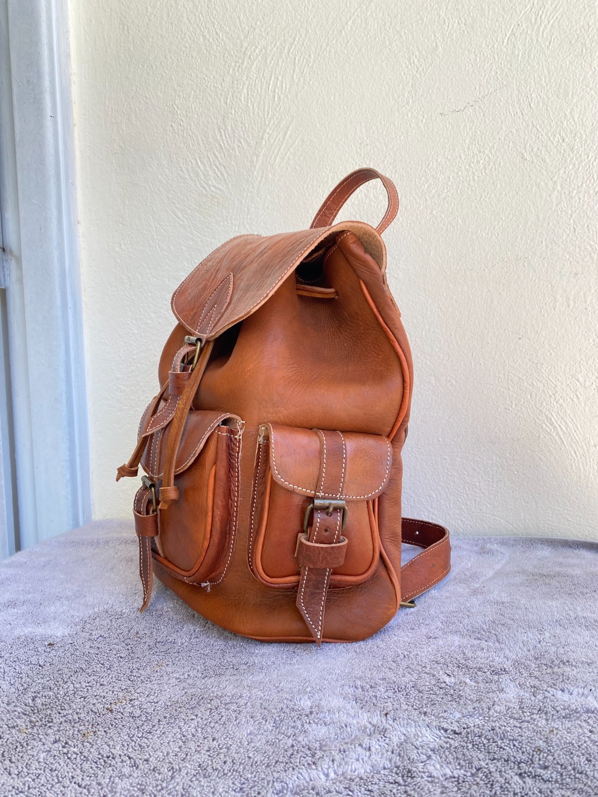 Cognac Leather Backpack Handmade Morocco Belt Buckle Front Back Pocket