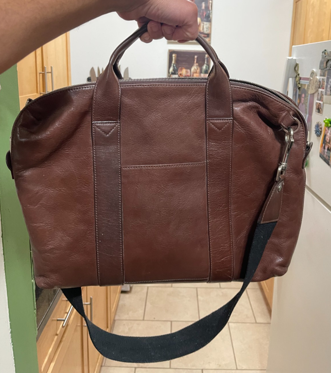 Jack Spade Mens Brown Leather Messenger Laptop Bag W Canvas Straps Career Work