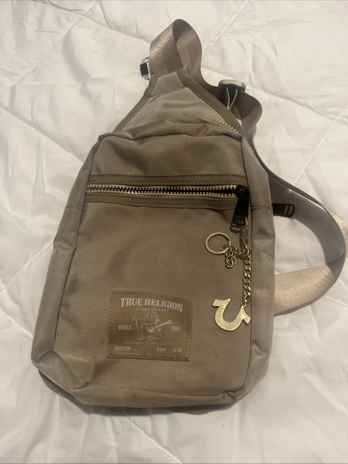 True Religion Crossbody Bag Men Casual Shoulder Sling Bag for Men Small Beige