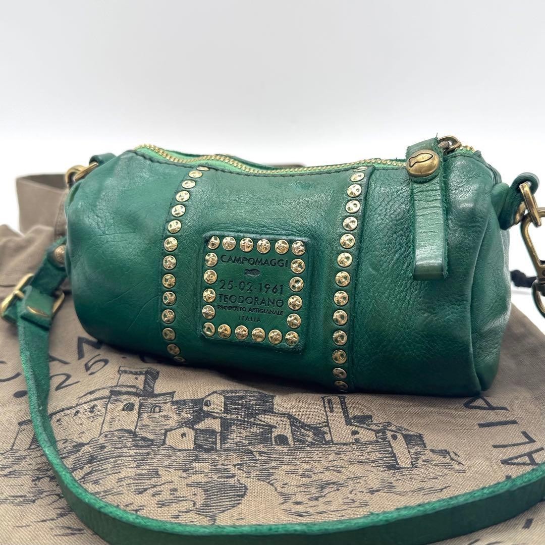 CAMPOMAGGI Studs Mini Boston Shoulder Bag Leather Antique Green Vintage Used