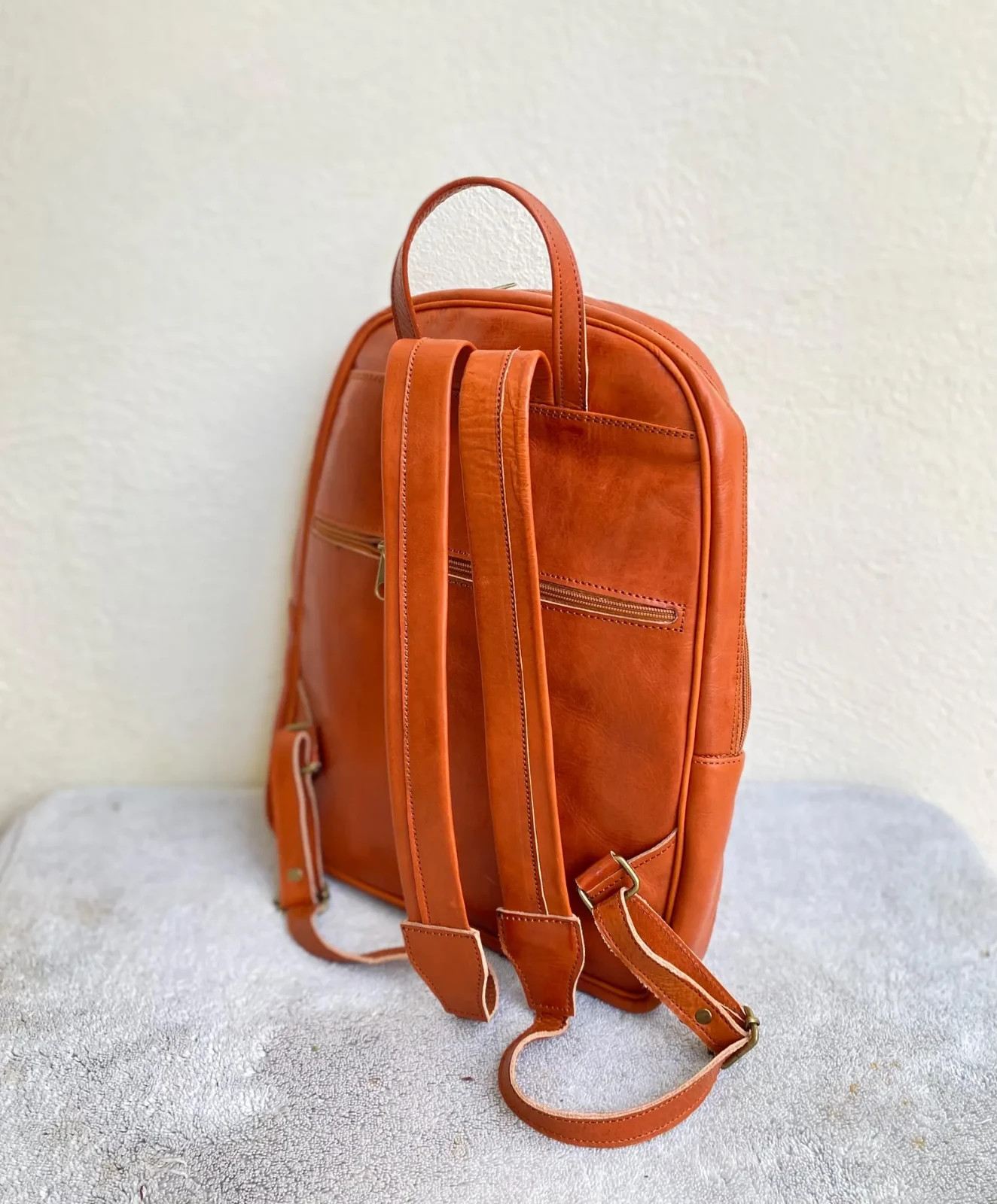 Handcrafted Genuine Leather Round Satchel Bag – Cognac | Double Front Pockets
