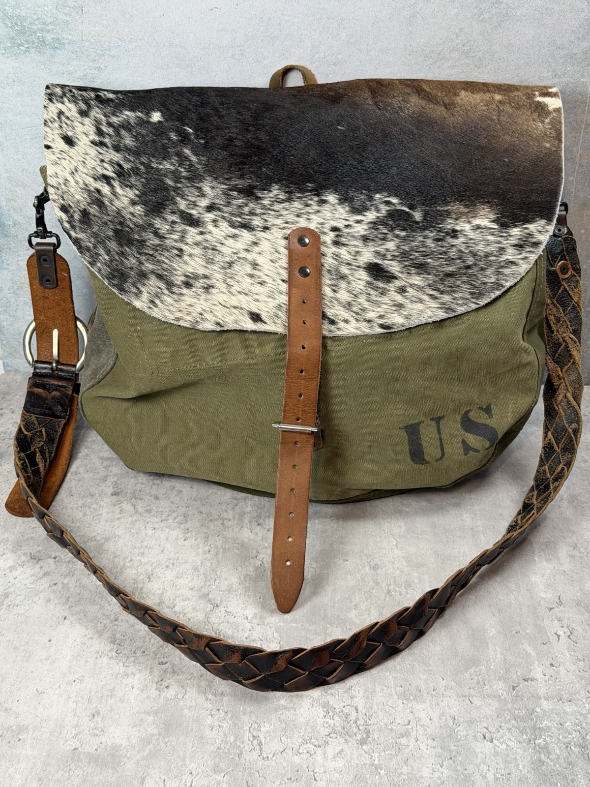 Vintage Army Military Newspaper Bag Upcycled Leather Hide Canvas 17×13 OOAK