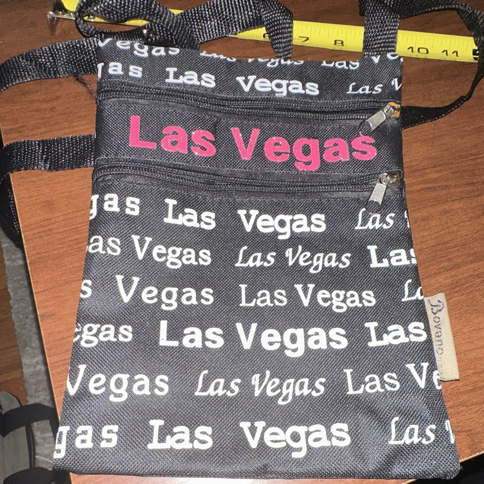Las Vegas Text Crossbody Bag Small Zip Black White Pink Unisex Casual Travel