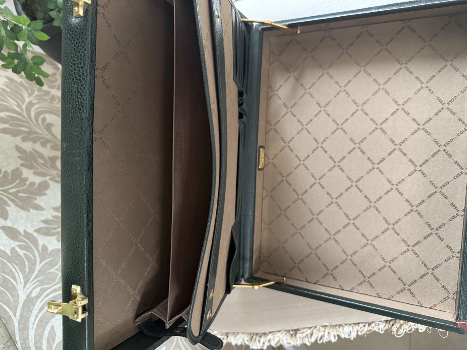 Cole Haan Leather Attache Hard Briefcase Hunter Green & Saddle Trim