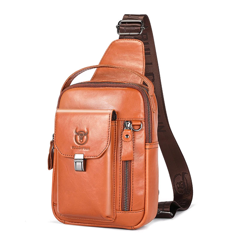 Men’s Genuine Leather Chest Bag Casual Retro 7.9-inch Mobile.