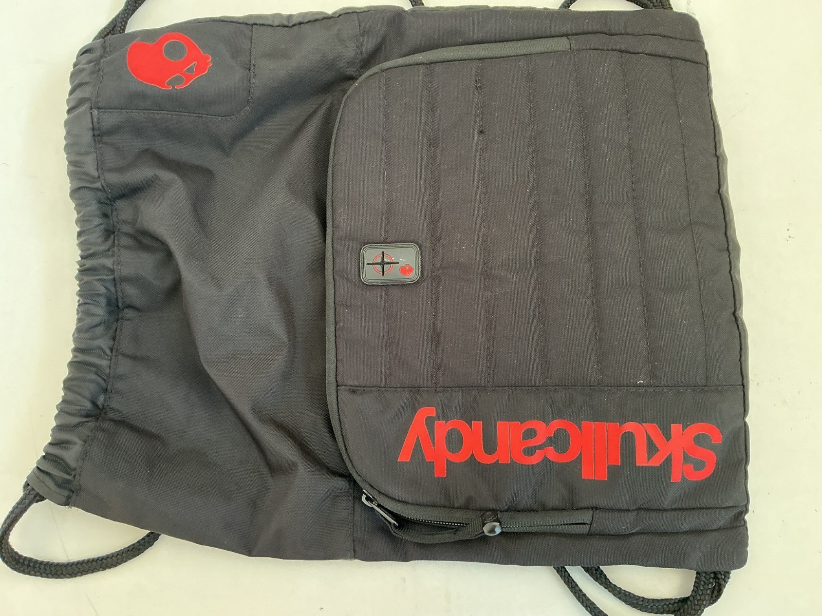 Skullcandy Drawstring Backpack Skater Multi Pockets Black Red Logo 17″x14″