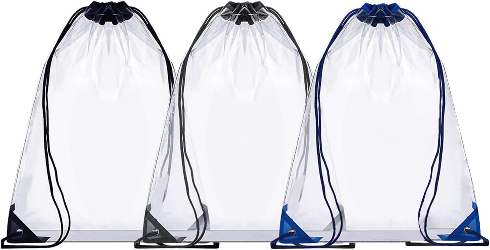 3 Pack Clear Drawstring Bags – Waterproof PVC See-Through Backpack Bags for Men