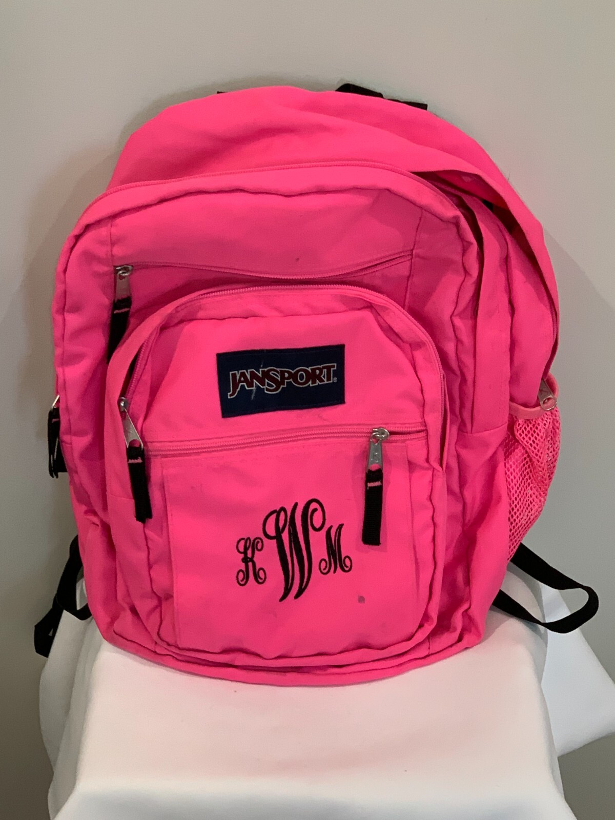 Jansport Big Student Backpack TDN7 Hot Pink Monogrammed with KWM Preppy Fun Cool