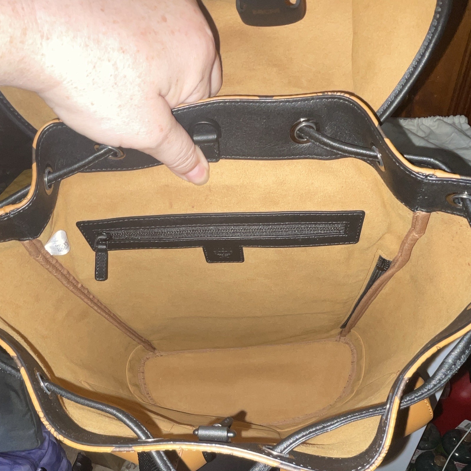 MCM Large Brandenburg Backpack Brown/Black Monogram Drawstring Buckle Pockets