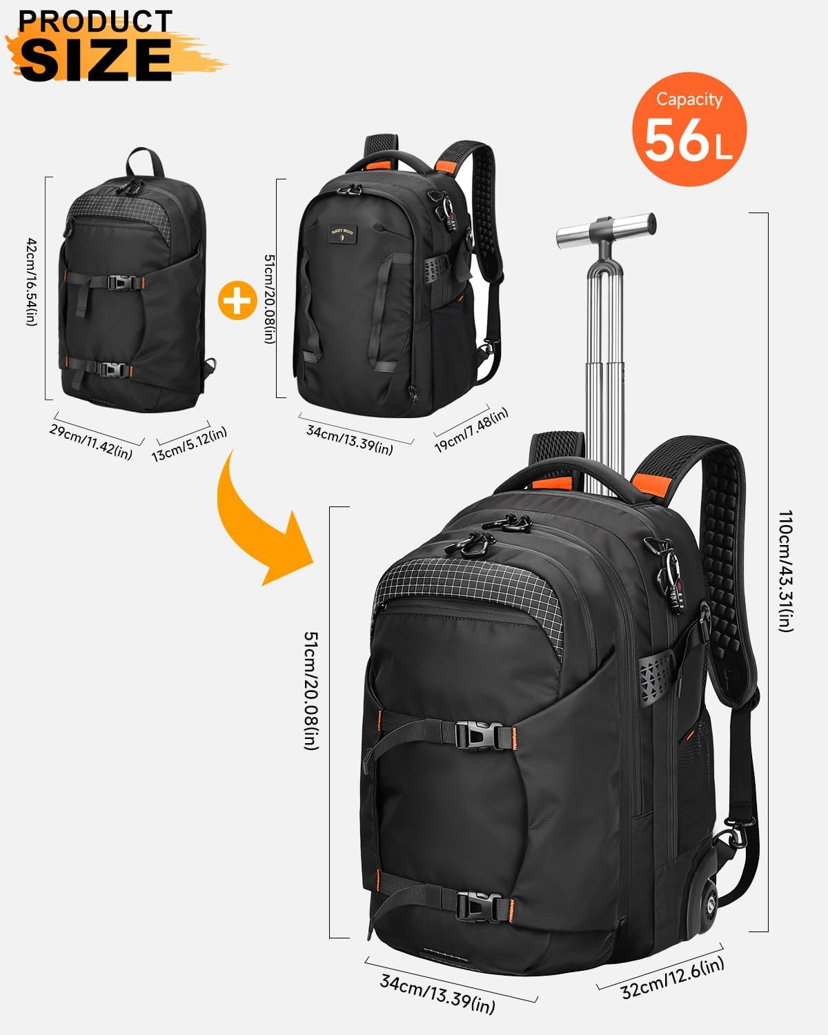 Rolling Backpack, 56L Large Backpacks with Wheels-Splits into Daypack & Laptop B
