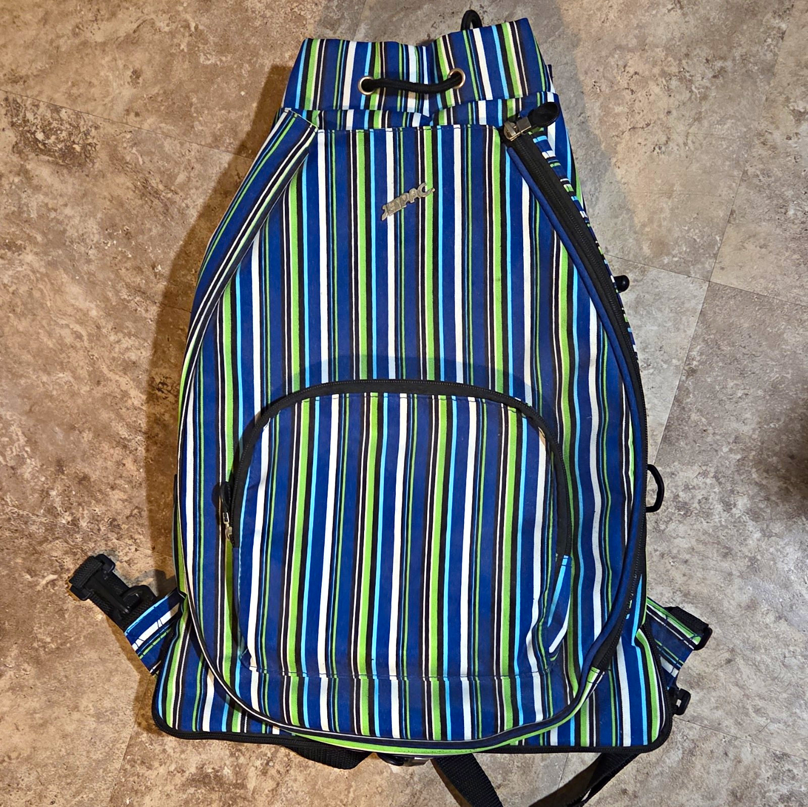 HiPAC Striped Drawstring Backpack Blue Green White Black, Adjustable Strap