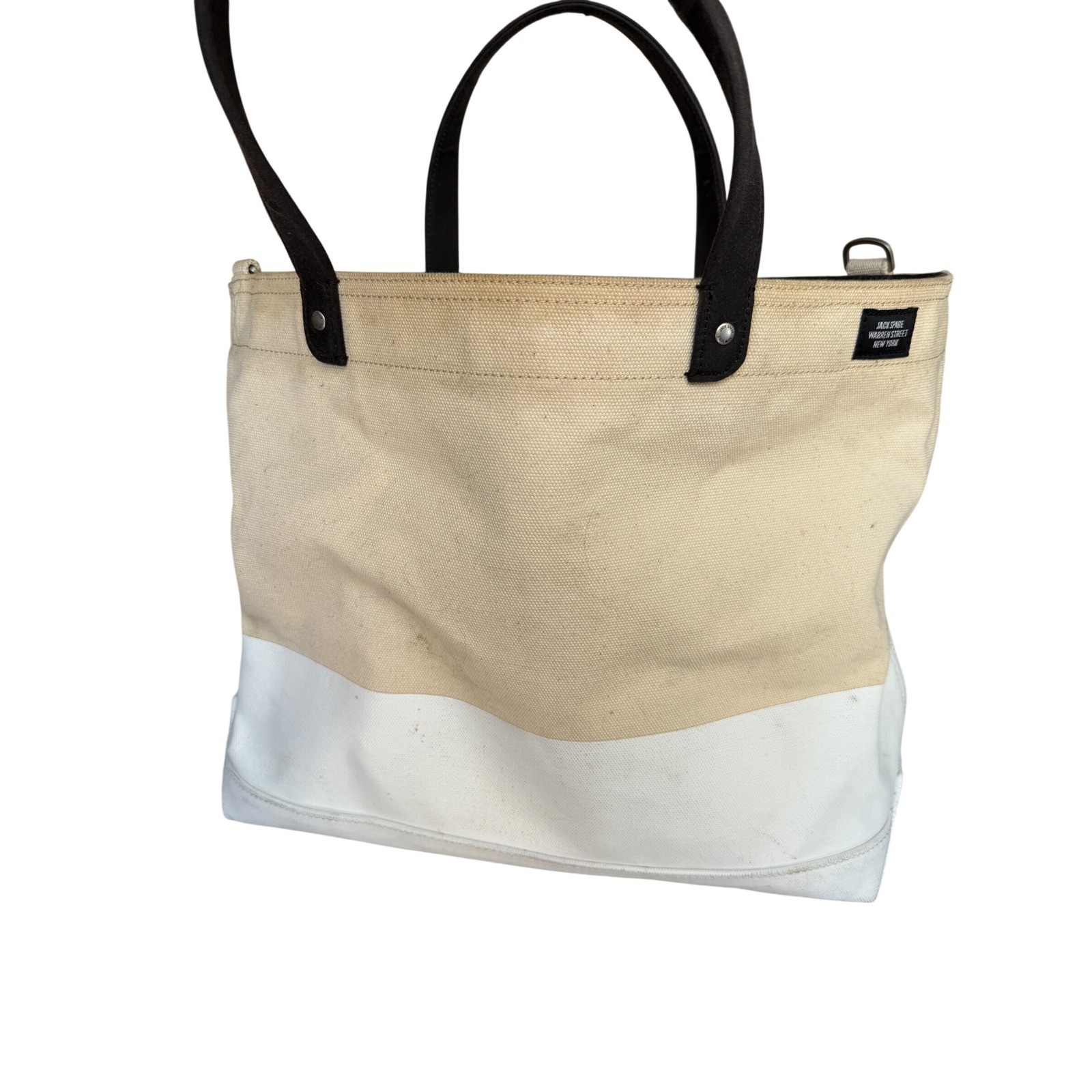 Jack Spade Tote Bag Mens Large Beige White Dipped Coal Canvas Shoulder Bag