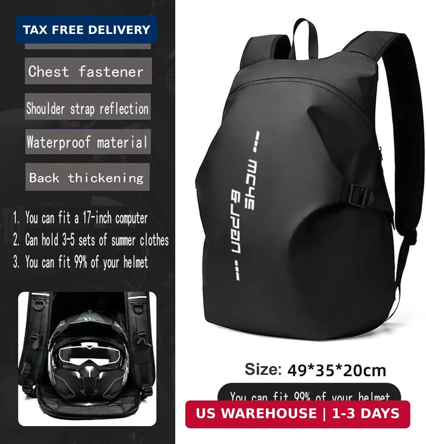 Motorcycle Backpack,waterproof helmet backpack for Men,riding Large, Black