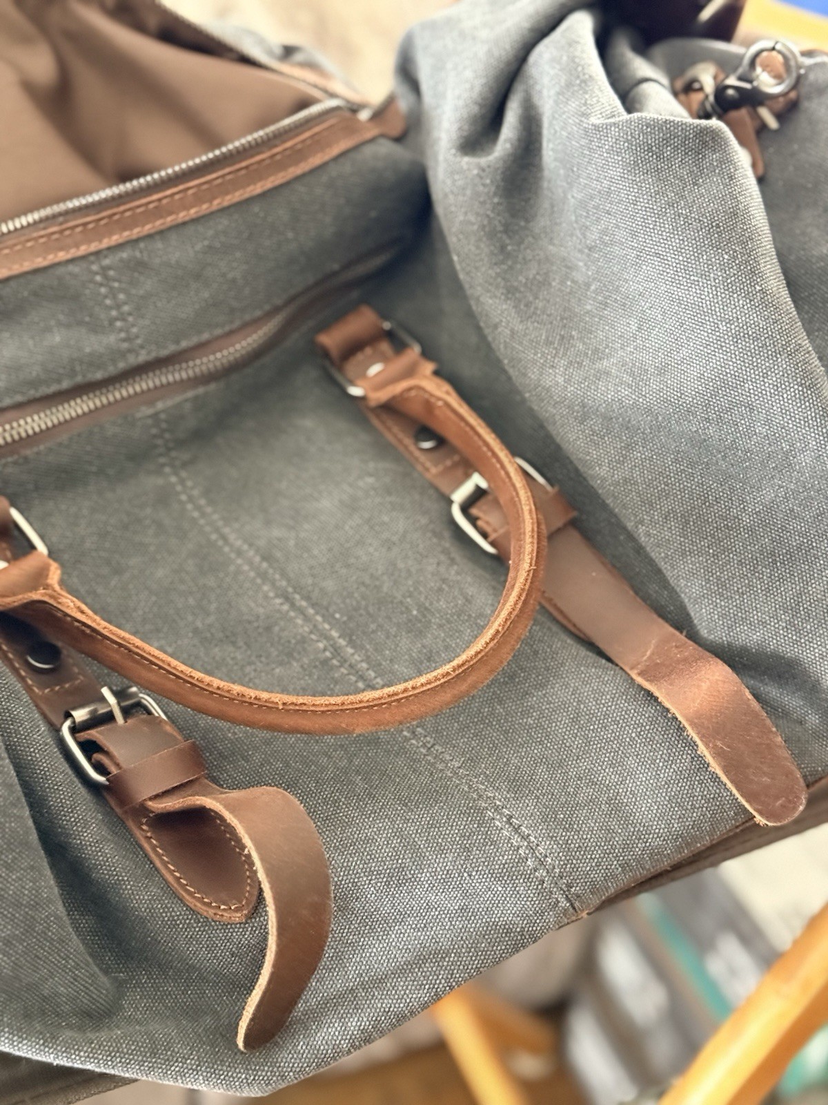 Bluboon Leather Canvas Duffle Bag Dbl Handles
