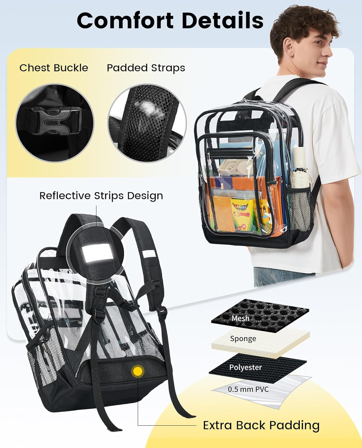 Clear Heavy Duty Backpack Extra Large Transparent Bookbag w TSA Lock Black