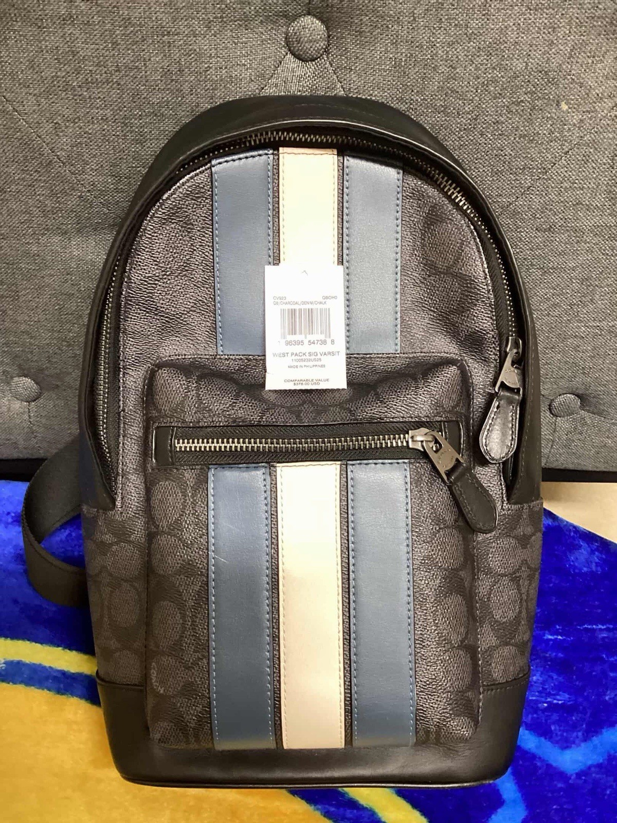 Coach Men’s Black Blue Striped Backpack Adjustable Strap Inner Outer Pockets