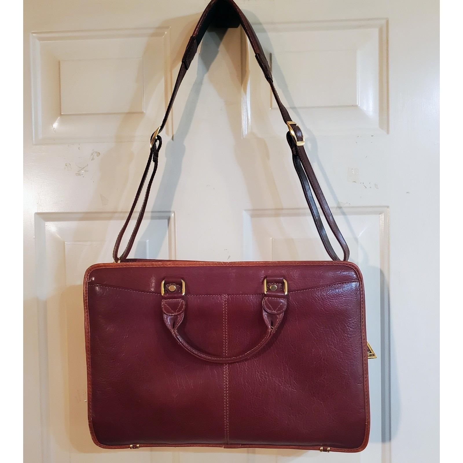 Cognac Brown Leather Briefcase Lap Top Case Dbl Handle Shoulder Strap Vantaggio