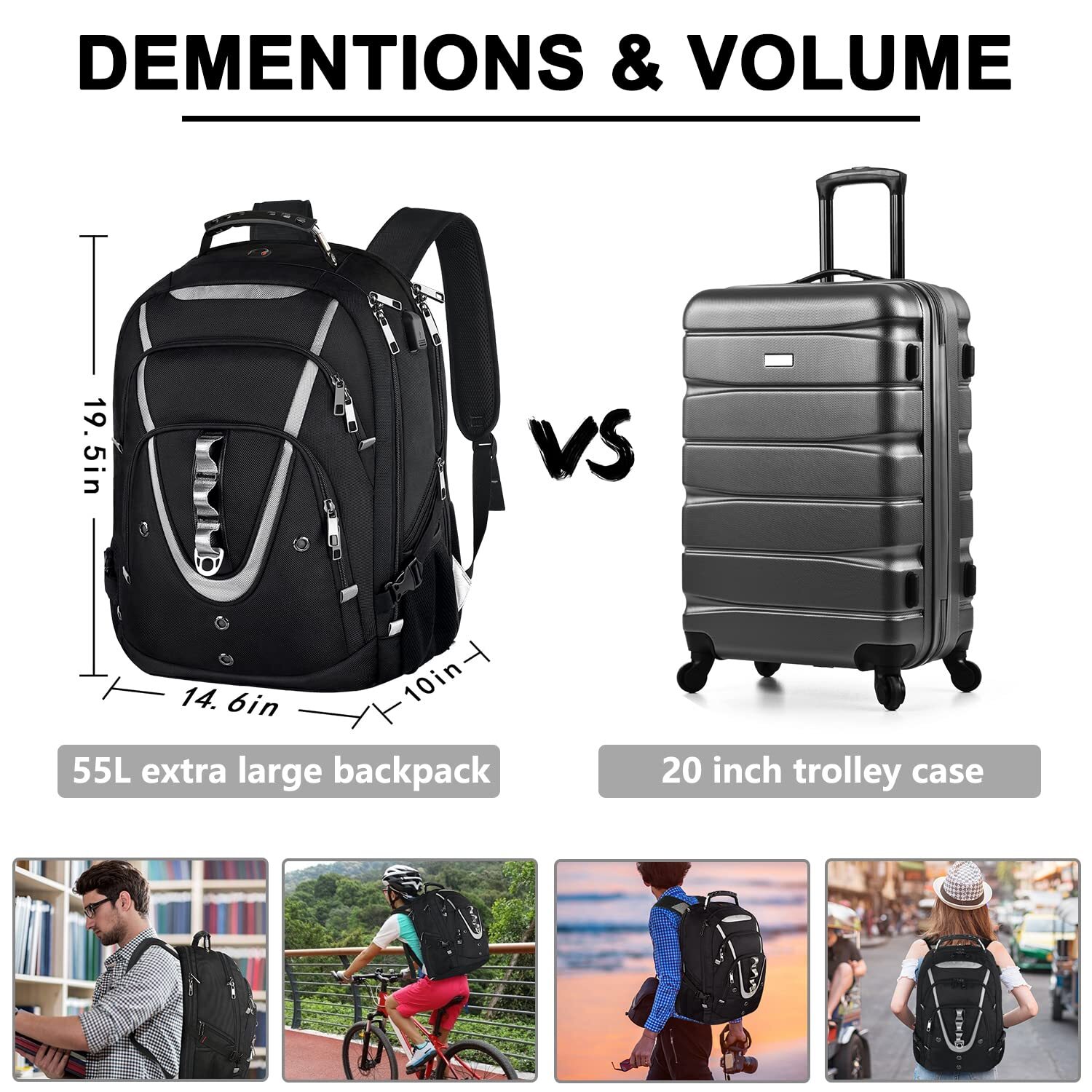 18.4 Men’s LAPTOP BACKPACK 55L Extra L USB Charger RFID Anti-theft Black MOGPLOF