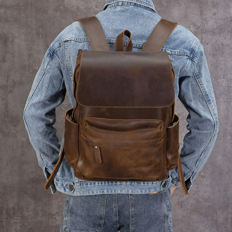 Men’s Leather Retro Large Capacity Backpack Casual Travel Bag Computer Bag