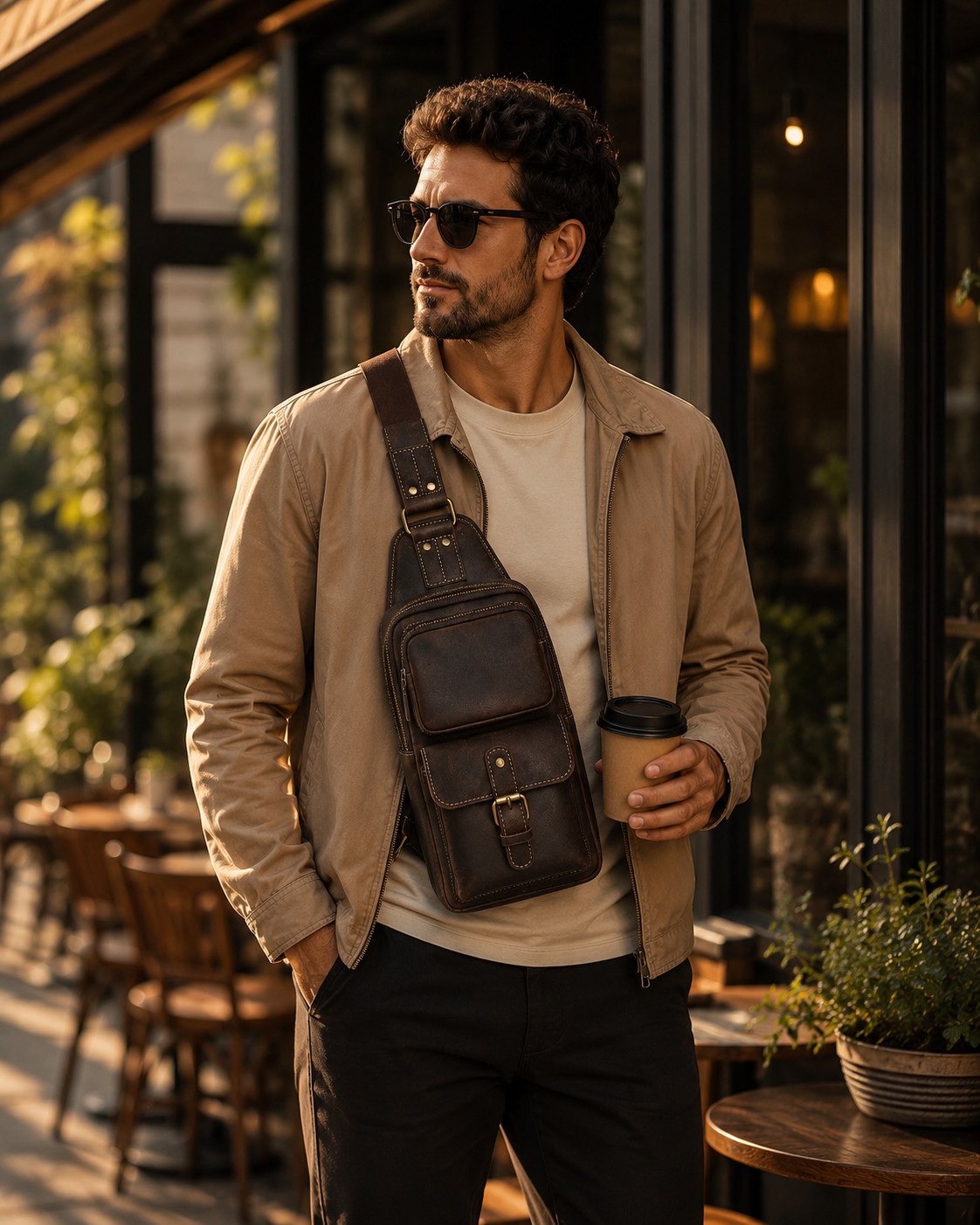 Personalized Vintage Leather Sling Backpack Men Custom Name Crossbody Chest bag